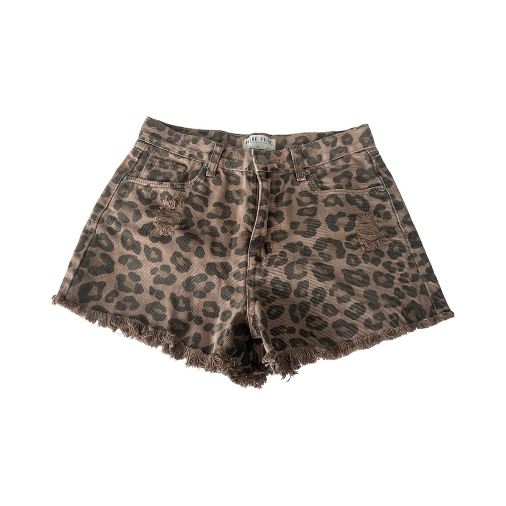 Leopard Print Frayed Hem Jean Shorts - Brown